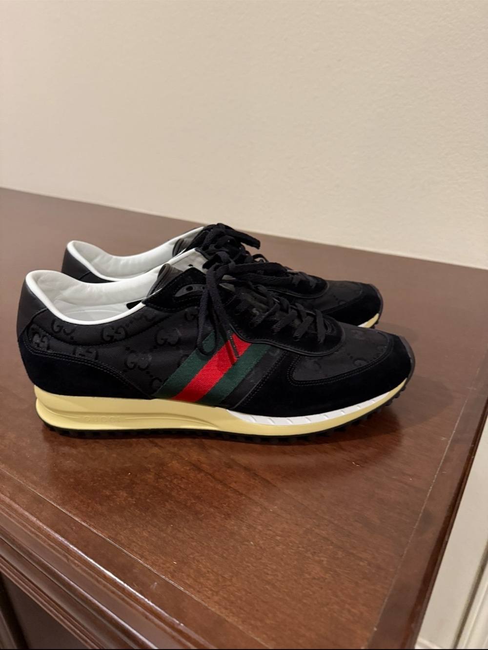 Gucci Black Nora Re-Motion Suede & Leather Runner with Red and Green Stripe